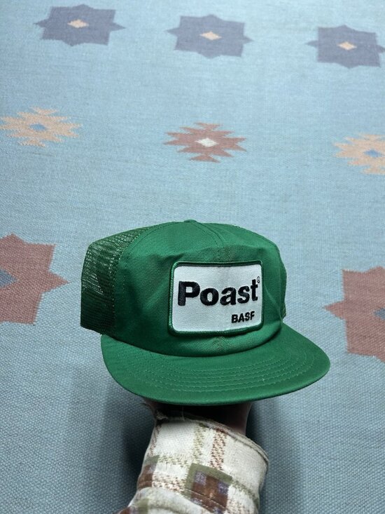 Vintage 80s trucker hat mesh cap Poast BASF patch farm feed green snapback